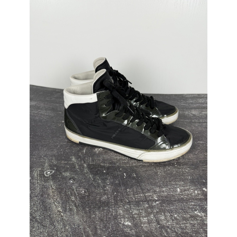 Prada Mens High Top Patent Leather Nylon Sneakers Black White Casual Shoes US 11